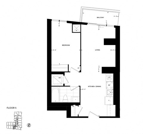 Floor plan for 1 bed, 1 bath, 626 sqft